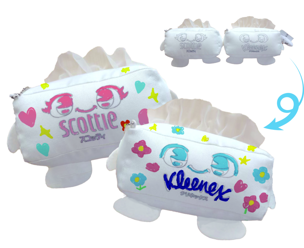 クレシア商品「スコッティ」と「クリネックス」のティッシュをモチーフにしたキャラクターぬいぐるみ。色塗りの前と後の様子。